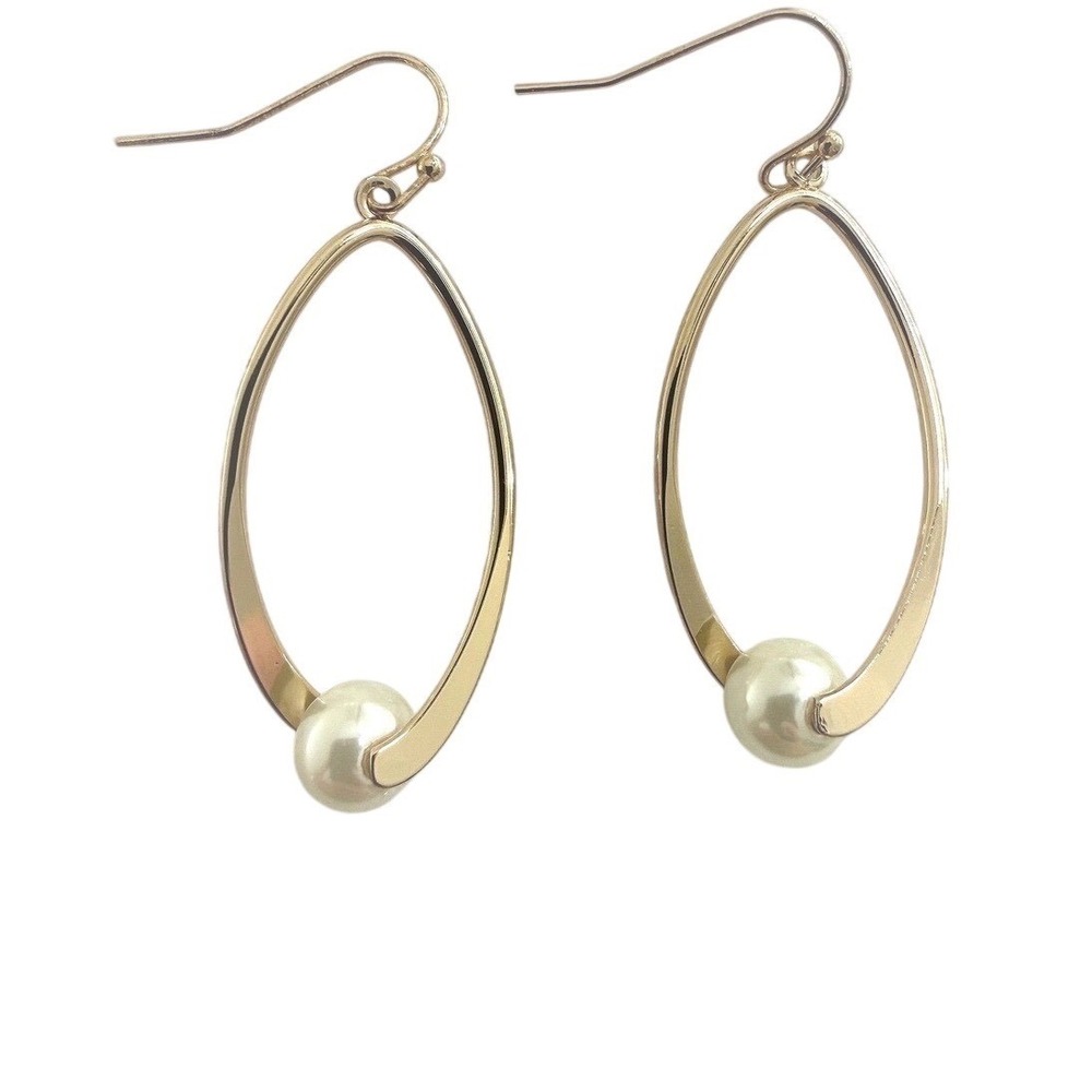 Kim Rogers Earrings Gold Tone Oval Drop With Faux Pearl Classic Jewelry - Picture 3 of 6